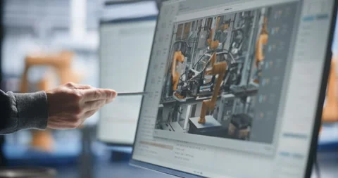 Specialist Pointing to Live Robotic Welding Video Stream on Screen Stock Footage 344387026