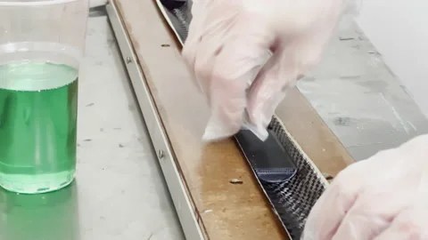 A specialist in protective gloves lays a layer of carbon cloth in a baking dish Stock Footage 168332138