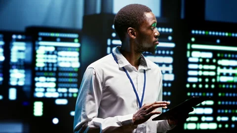 Specialist running blade server scans Stock Footage 248096392
