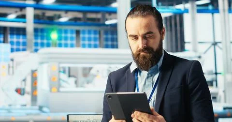 Specialist sitting on desk using tablet to inspect solar plant machinery Stock Photos