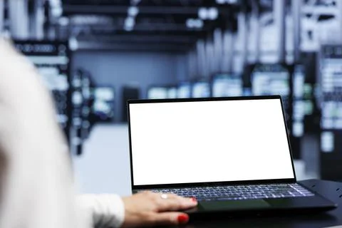 Specialist using laptop in data center Foto stock