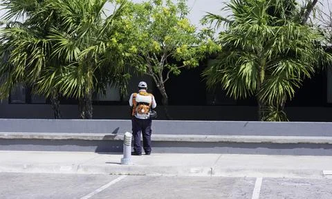 Specialist while performing external pest control Fotos de archivo