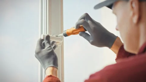 A specialist in work gloves methodically works on a plastic window mechanism Stock Footage 343858598