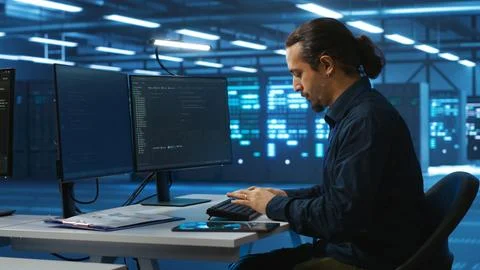 Specialist working in high tech facility doing system analysis, coding Stock Photos