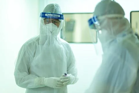 Specialists are preparing specimen collection for Covid-19 diagnosis and disc Stock Photos