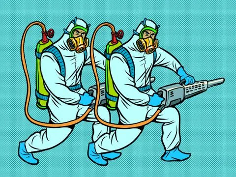 Specialists disinfect in protective suits Stock Illustration