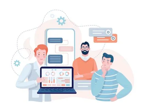 Specialists showing presentation of mobile app and website design vector flat Stock Illustration