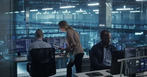 Specialists Talking in Data Center Office Video stock 296174722