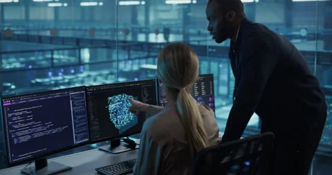 Specialists Talking in Data Center Office Stock Footage 296174908