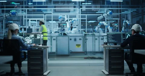 Specialists Working in Robotics Factory Stock Footage 319830805