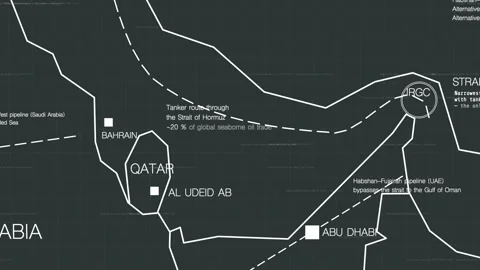 A specialized technical dark version of the Strait of Hormuz geopolitical 스톡 동영상 342673826