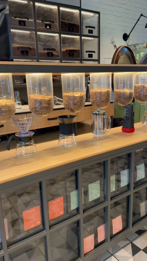 Specialty Coffee Showcase Counter Alternative Brewing Equipment. Bean Dispensers 動画素材 330952992