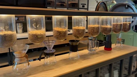 Specialty Coffee Showcase Counter Alternative Brewing Equipment. Bean Dispensers 動画素材 330952993