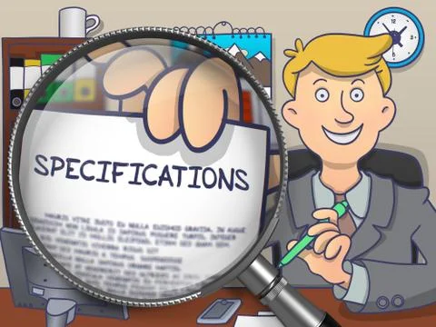 Specifications through Magnifier. Doodle Style Stock Illustration