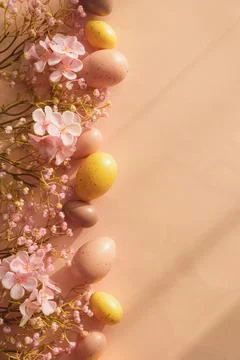 Speckled Easter Eggs and Cherry Blossoms on Peach Background. Festive Sprin.. Stock Photos