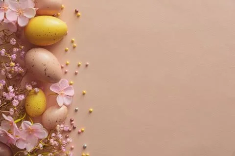Speckled Easter Eggs and Cherry Blossoms on Peach Background. Festive Sprin.. Stock Photos