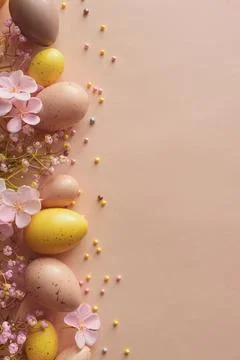 Speckled Easter Eggs and Cherry Blossoms on Peach Background. Festive Sprin.. Stock Photos