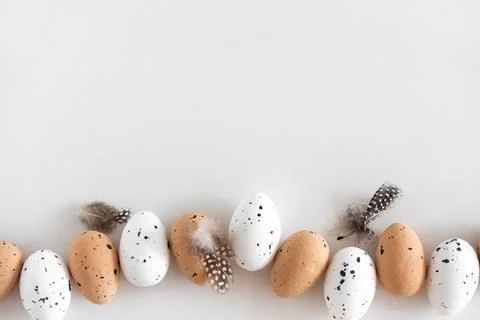 Speckled Eggs with Feathers on White Background Foto stock