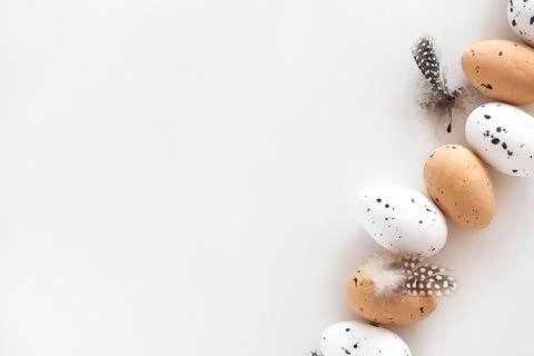 Speckled Eggs with Feathers on White Background Stock-Fotos