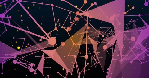 Specks revealing node connections and unfolding triangles rotating in navy void Video stock 317227291