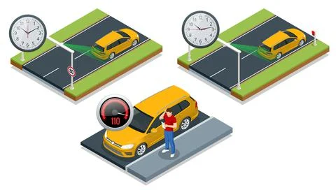 SPECS, average speed measuring speed camera system. Average speed cameras on Stock Illustration