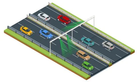 SPECS, average speed measuring speed camera system. Average speed cameras on Stock Illustration