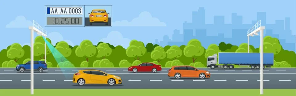 SPECS, average speed measuring speed camera system. Average speed cameras on Stock Illustration