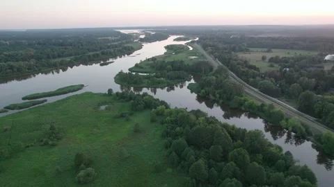 Spectacular aerial view of the backwaters by the river in Poland Stock Footage 201745747