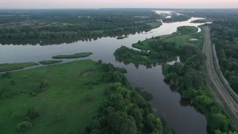 Spectacular aerial view of the backwaters by the river in Poland Stock Footage 201745835