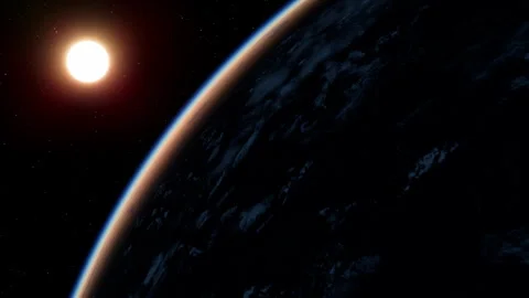 A spectacular alien planet is orbiting a star during sunrise in the vastness of Stock Footage 276549831