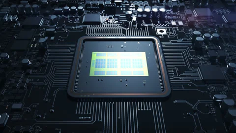 Spectacular assembly of the central processor on a printed circuit board with Stock Footage 165780191