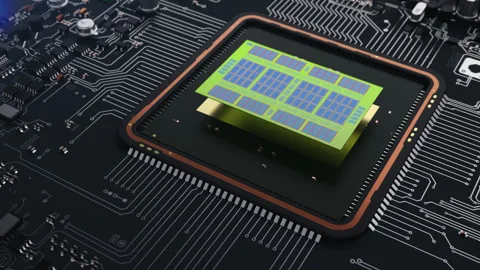 Spectacular assembly of the central processor on a printed circuit board with Stock-Footage 165780551