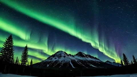 Spectacular aurora borealis bordered by snowy mountains Stock Footage 303898063
