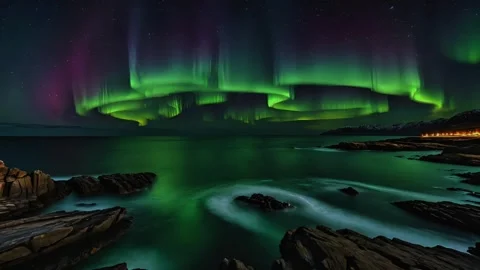 Spectacular aurora light waves over the sea Stock-Footage 307428050