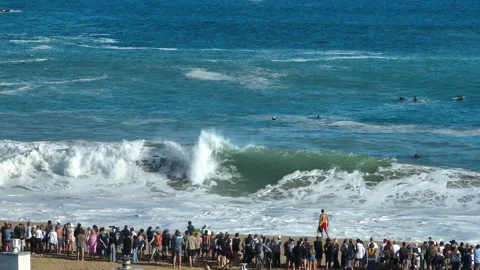 Spectacular big wave crash at the iconic Wedge surf spot in Southern California Stock Footage 339766717