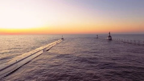 Spectacular, Breathtaking Sunset Over Lighthouse on Lake Michigan #1 Stock Footage 120356271