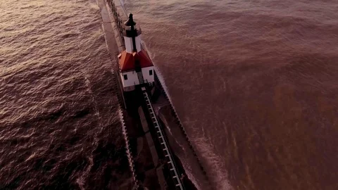 Spectacular, Breathtaking Sunset Over Lighthouse on Lake Michigan #4 Stock Footage 120356282