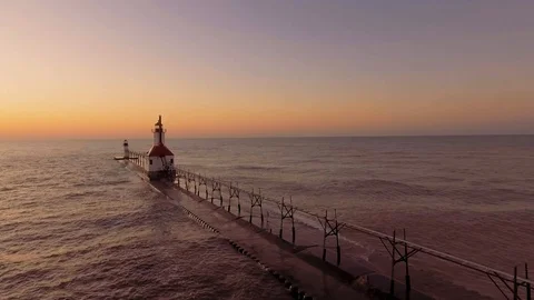 Spectacular, Breathtaking Sunset Over Lighthouse on Lake Michigan #5 Stock Footage 120356283