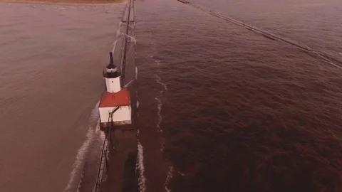 Spectacular, Breathtaking Sunset Over Lighthouse on Lake Michigan #6 Stock Footage 120356288