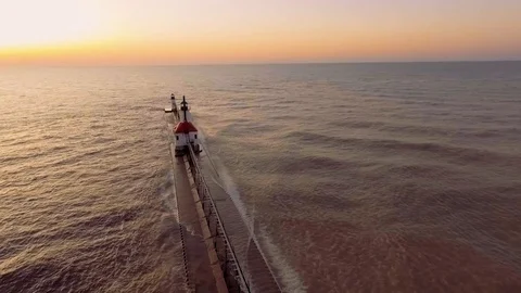 Spectacular, Breathtaking Sunset Over Lighthouse on Lake Michigan #7 Stock Footage 120356294