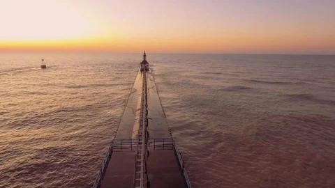 Spectacular, Breathtaking Sunset Over Lighthouse on Lake Michigan #10 Stock Footage 120356300