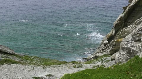 Spectacular cliff over the ocean, in Basque Country, in France Stock Footage 198915072