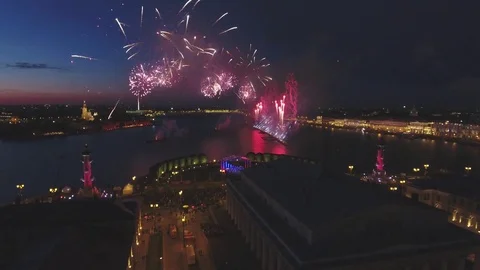 Spectacular colorful firework over Saint-Petersburg, Russia. Aerial drone footag Stock Footage 77070343