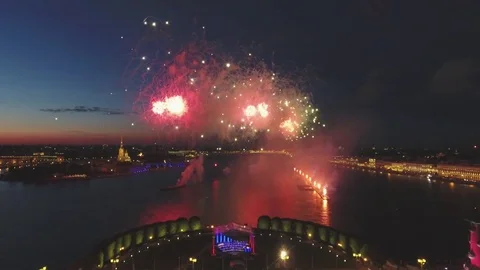 Spectacular colorful firework over Saint-Petersburg, Russia. Aerial drone footag Stock Footage 77070599