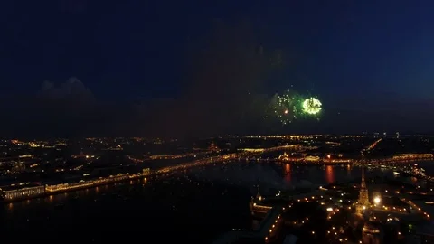 Spectacular colorful firework over Saint-Petersburg, Russia. Aerial drone footag Stock Footage 77070740