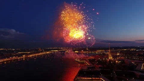Spectacular colorful firework over Saint-Petersburg, Russia. Aerial drone footag Stock Footage 77070819