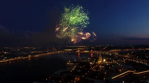 Spectacular colorful firework over Saint-Petersburg, Russia. Aerial drone footag Stock Footage 77070847