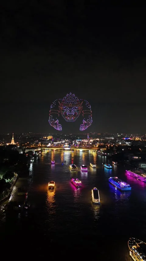 Spectacular Drone Light Show Over Bangkok, Thailand's Chao Phraya River Stock Footage 335969527