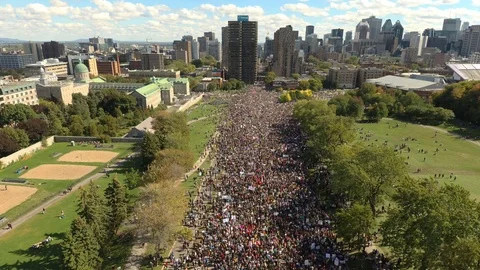Spectacular drone shot of massive protest in Montreal, Quebec, Canada Stock Footage 116793756