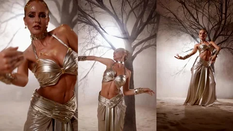 Spectacular episode: a dancer in gold on a background of wood and sand  库存影片 313873700